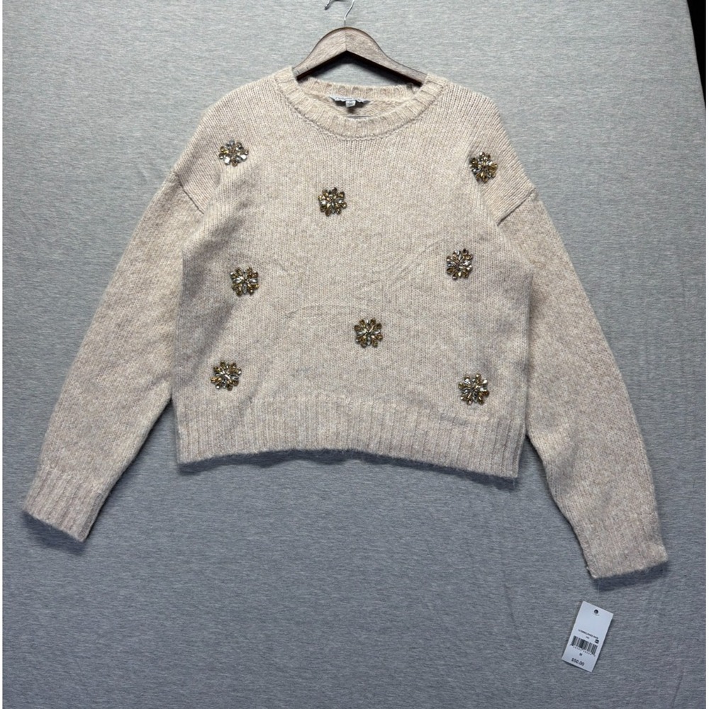 Ophelia Roe Sweater Womens Medium Beige Chunky Knit‎ Crystal Brooch Ribbed Trim